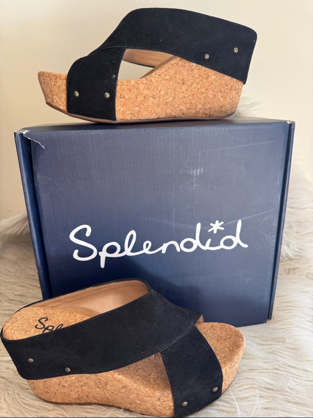 Splendid Black Suede Cork Wedge Sandals